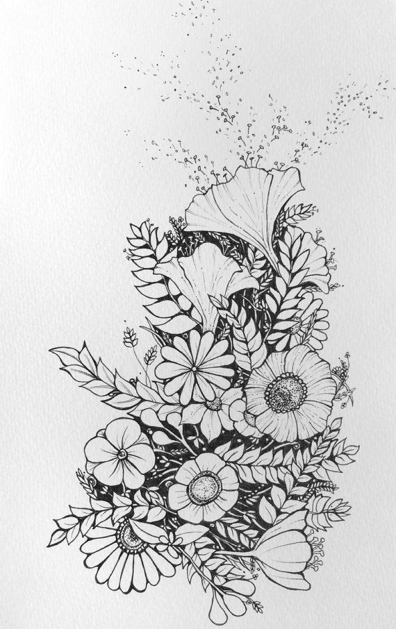 Floral - flower drawing, black and white illustration