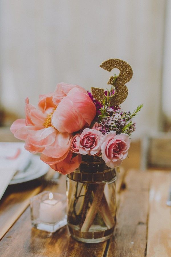 peony centerpiece and table number