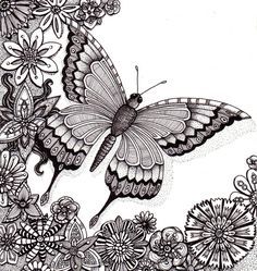 This beautiful, detailed, intricate original drawing of a butterfly and flowers ...