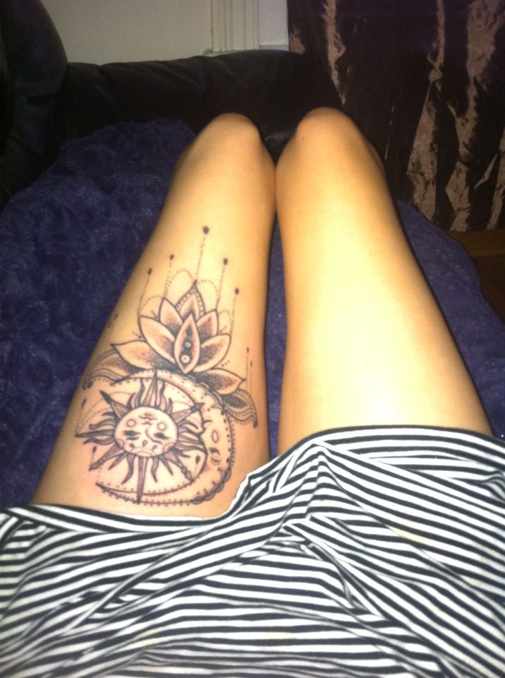 Probably my favourite tattoo, large thigh price , hippy moon and star dotwork I...