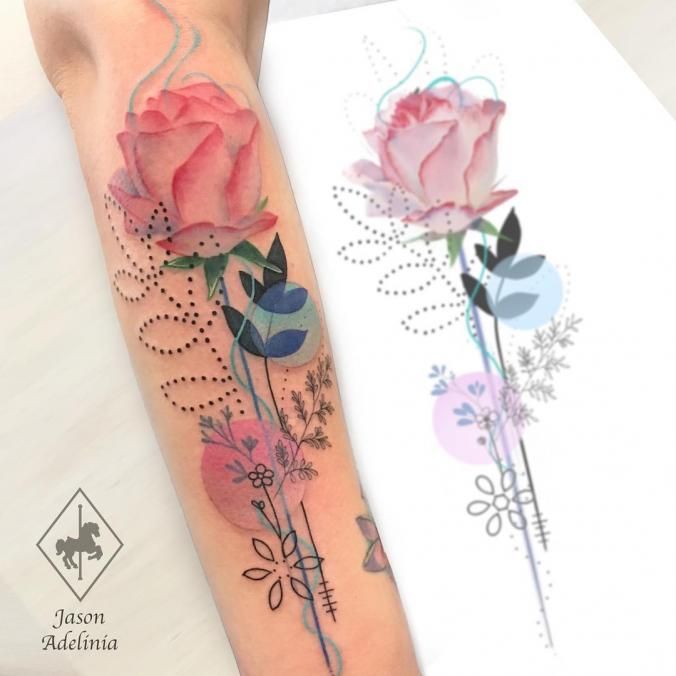 Amazing pink rose sleeve tattoo