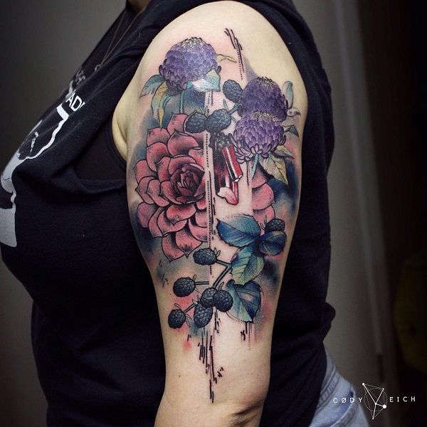Beautiful chrysanthemum and rose tattoo