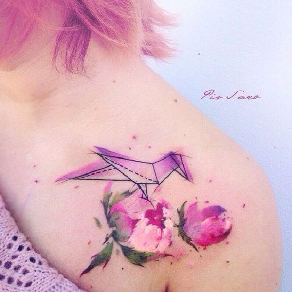 This colorful peony Tattoo design is combined with paper bird, that adds further...