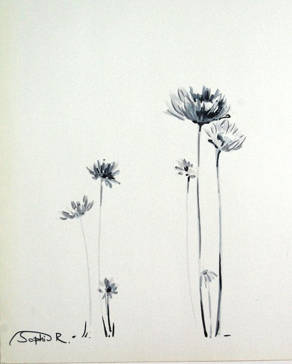 Daisies Flowers- Original Drawing, Black and White, Art Pen Drawing, Nature Bota...