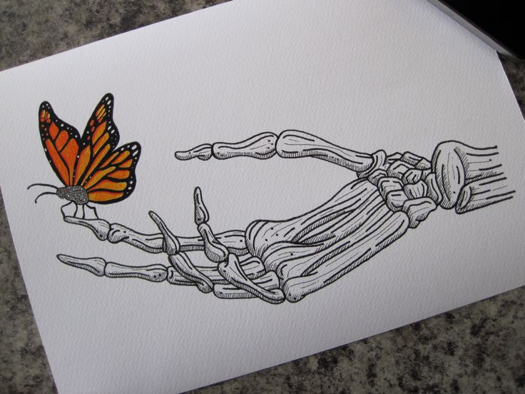 Flowers Drawings Inspiration : Butterfly On Skeleton Hand Print - A4 by