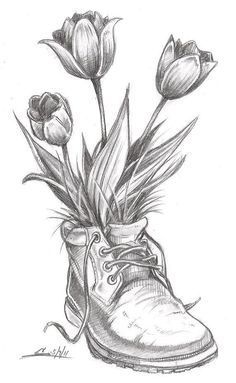 flower drawings | spring-time flowers, tulips, boot, sketch, pic, drawing