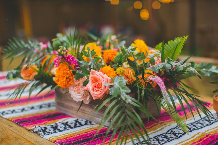 bright and cheery flower box centerpiece