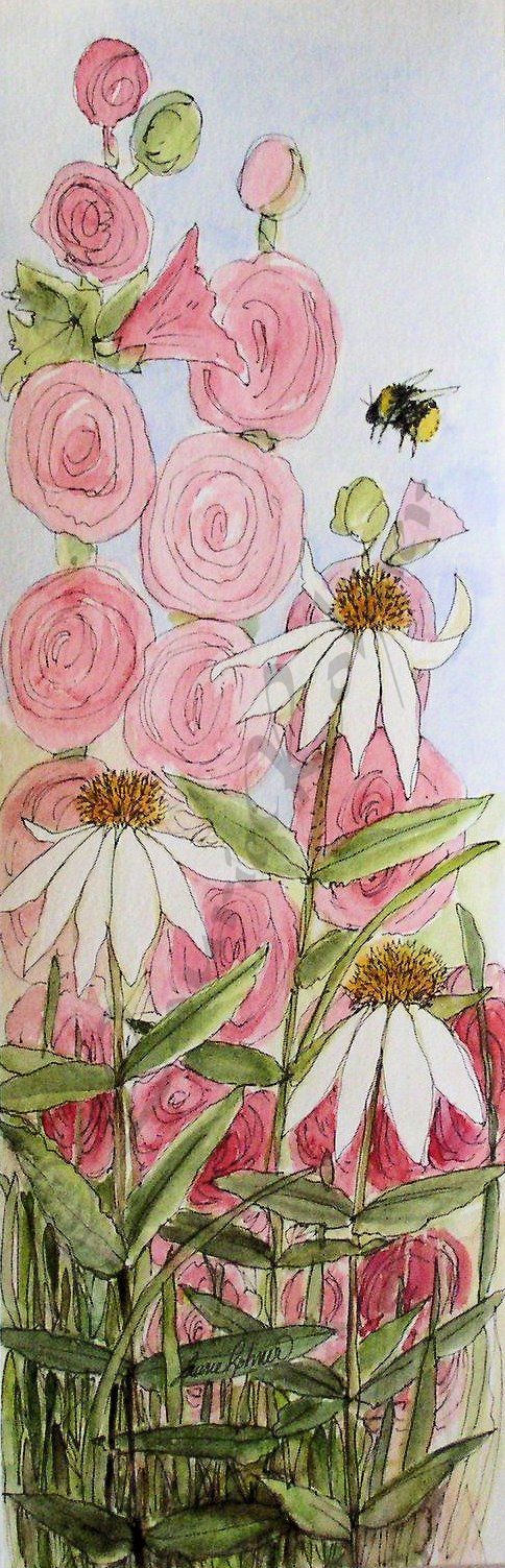 Farmhouse garden watercolor illustration ready for spring. Pink hollyhocks and...