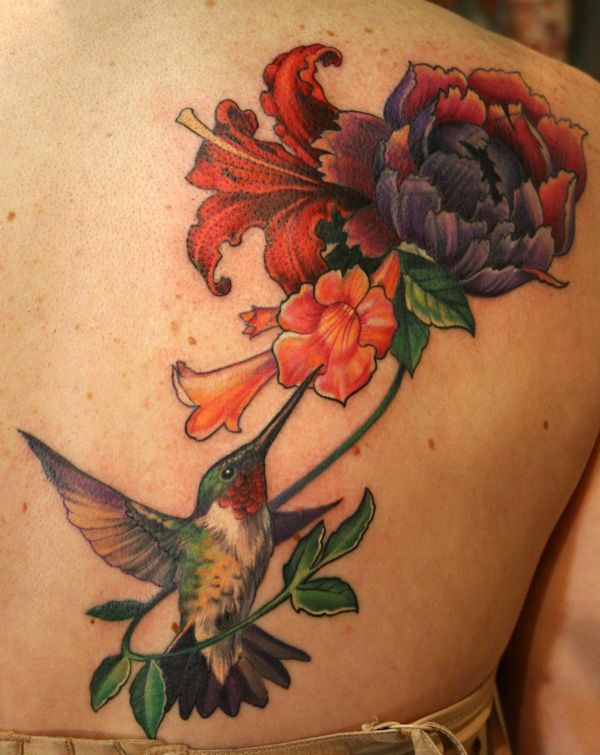 Hummingbird and Trumpet Vine - 55 Amazing Hummingbird Tattoo Designs