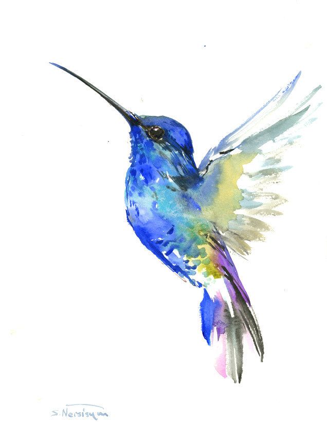 Blue Hummingbird painting, 14 x 11in,bright color flowers, hummingbird wall art...