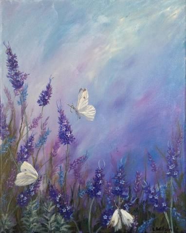 Lavender in summer acrylic painting of flowers and white butterflies by Goldstar...