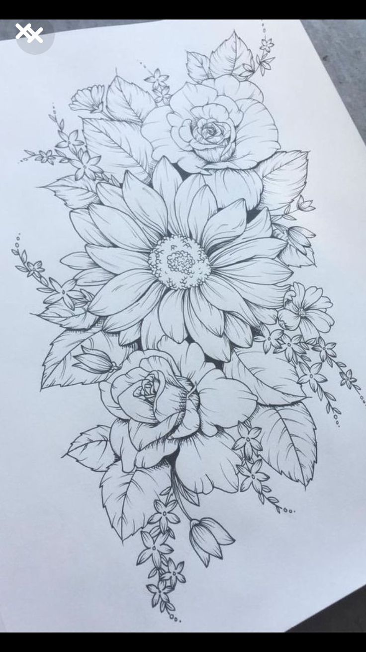 Flowers Drawings : Similar to back piece. Rose as large flower