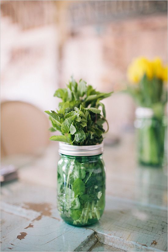 Mint sprig centerpieces at Kentucky Derby inspired bridal shower overflowing wit...