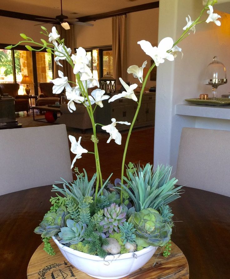 We just love this simple and chic succulent and orchid arrangement. Pictured her...
