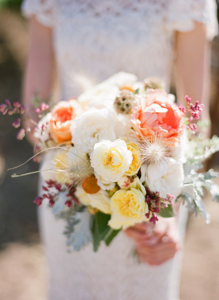White, peach, pastel wedding bouquet